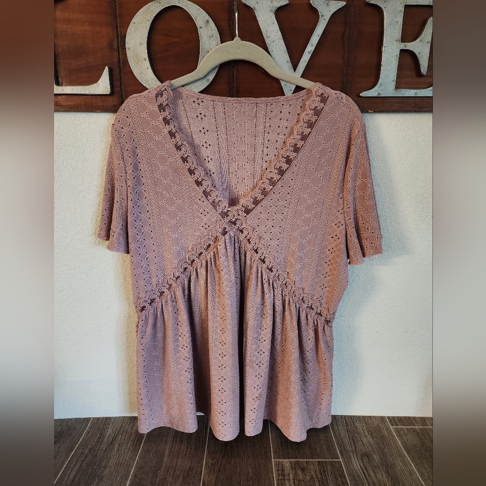 Lovely Lace and Eylet Short Sleeve Empire Waist Top Size Xl